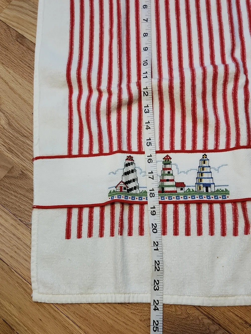 Striped Red & White Kitchen Towel with Embroidered Lighthouses Handmade